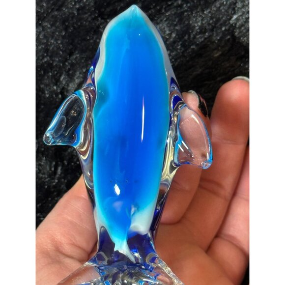 Handcrafted Glass Dolphin Figurine In Vibrant Blue & Clear Design 4' Long - Picture 7 of 8